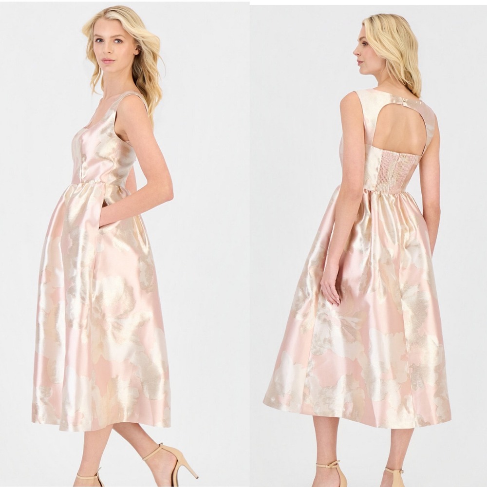 Anne Klein Jacquard Fit n Flare Pink Square Neck Open-Back A-Line Midi Dress - 0